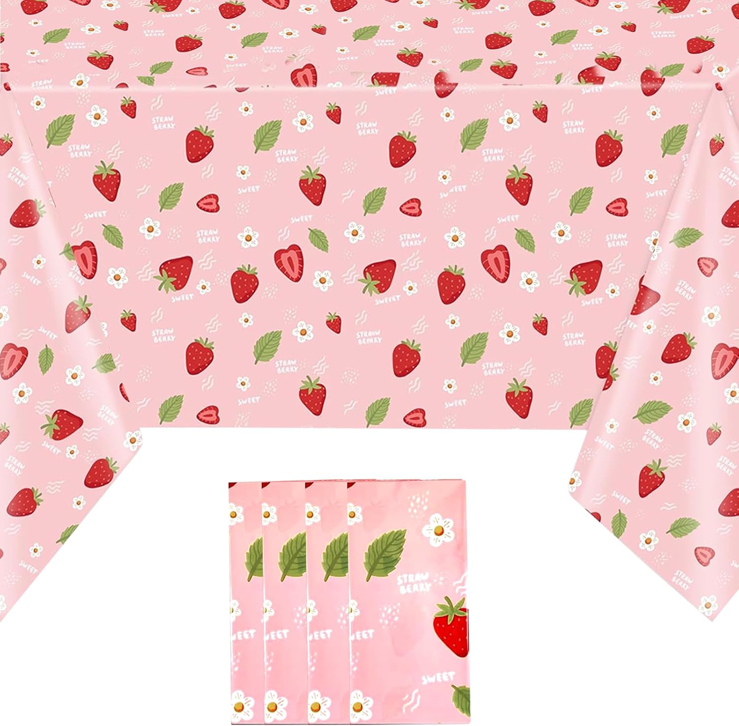 4 Pack Strawberry Theme Tablecloth Party Decorations for Girls Birthday Baby Shower 108 X 54 in