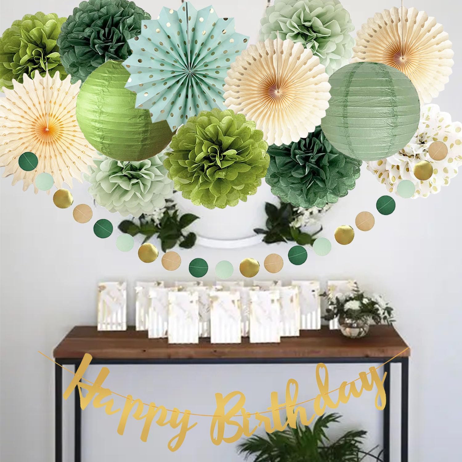 Olive Sage Green Birthday Party Decor Tissue Pom Poms Fans Lanterns