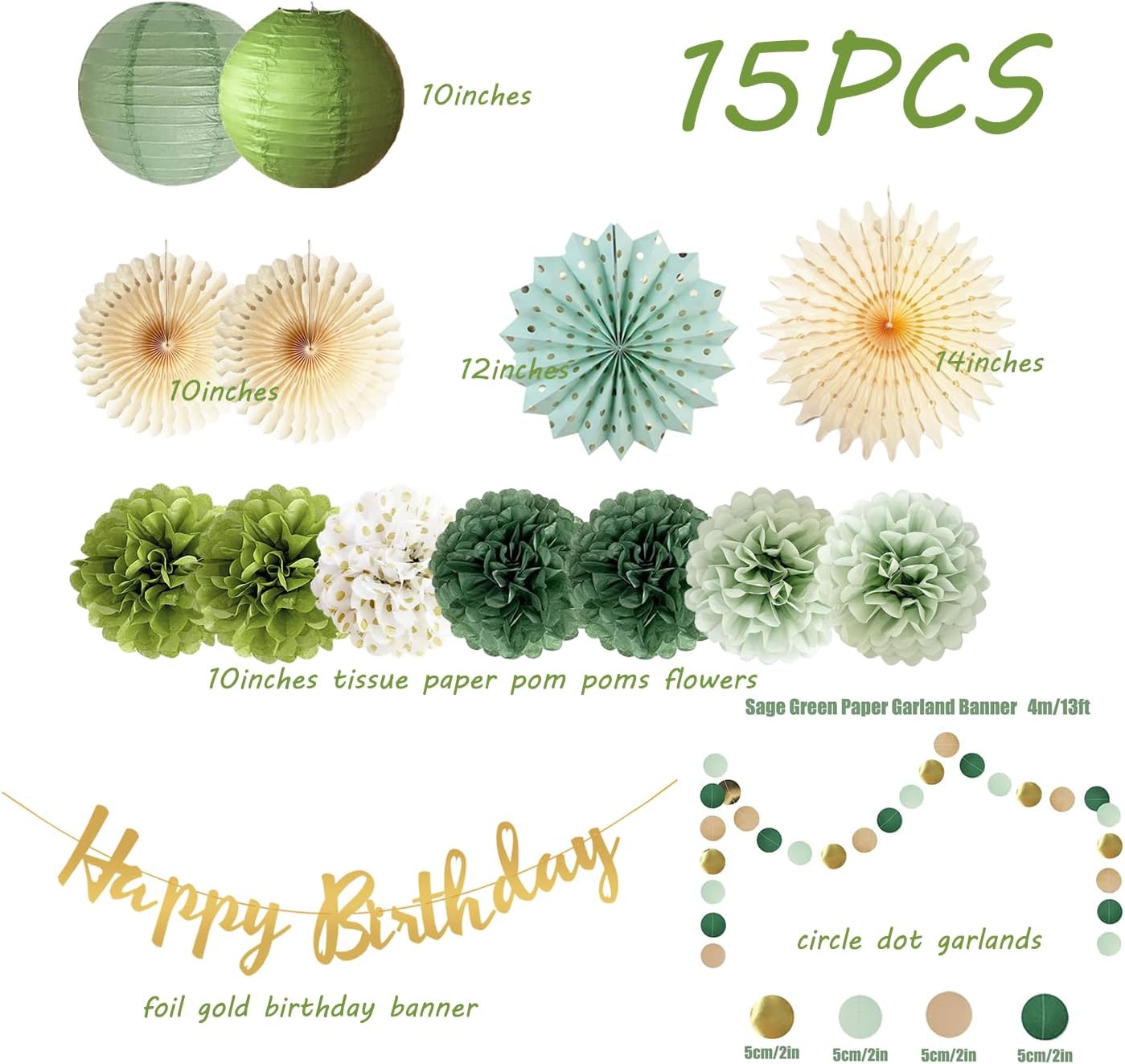 Olive Sage Green Birthday Party Decor Tissue Pom Poms Fans Lanterns
