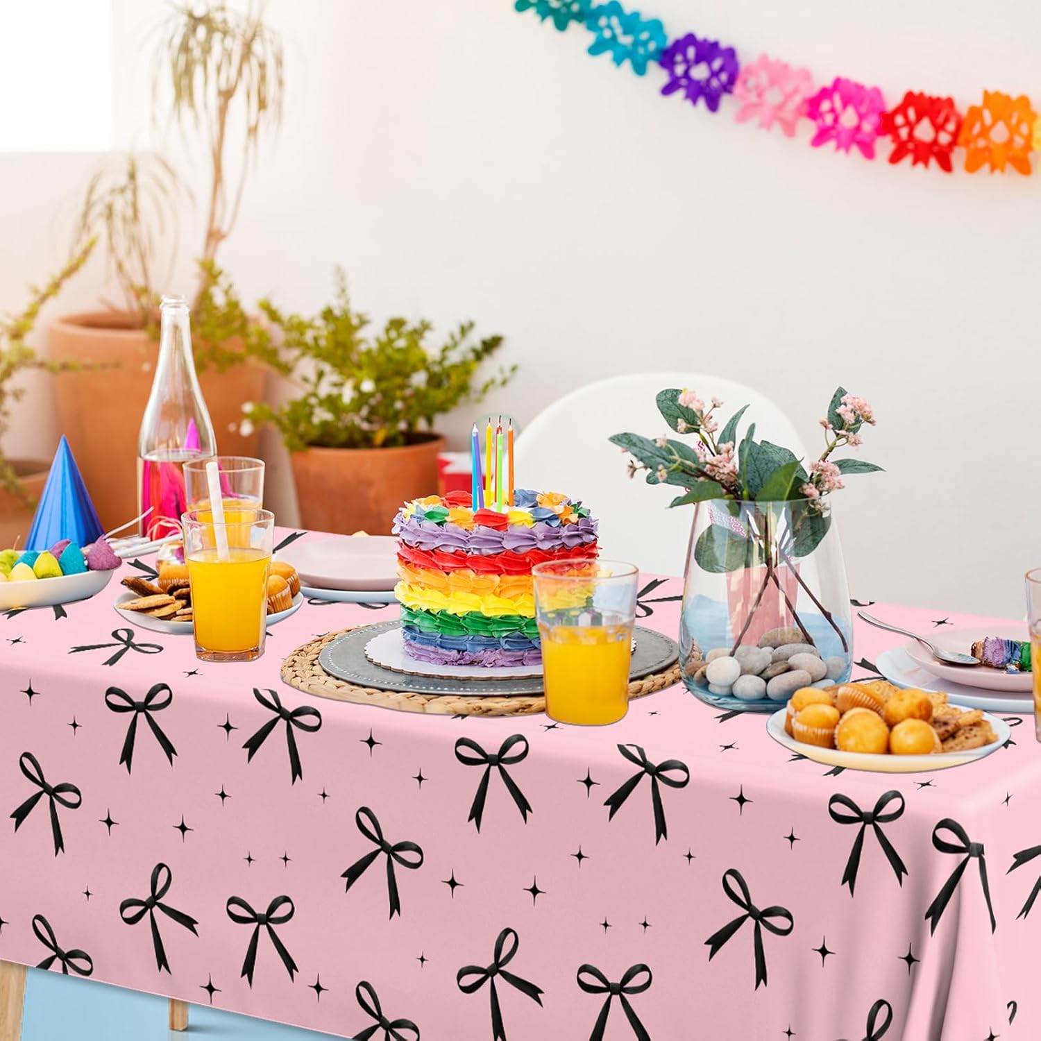 3Pcs Pink Black Bow Tablecloth for Parties