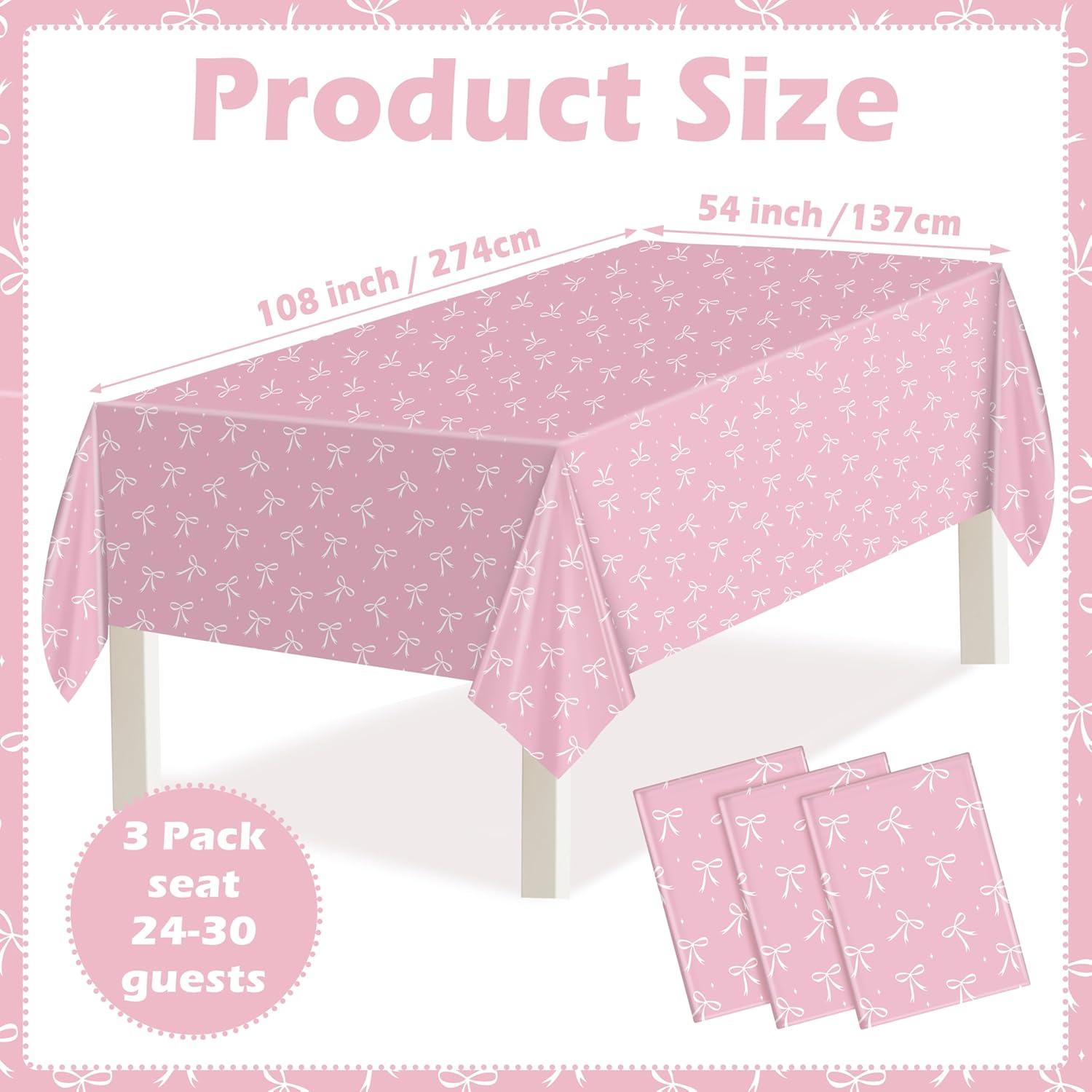 3 Pack Pink Bow Tablecloths for Birthday Parties
