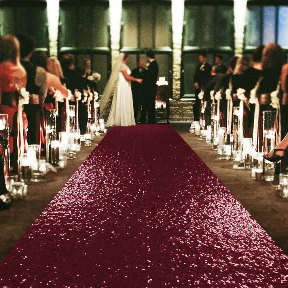 ShinyBeauty Sequin Aisle Runner Rug 4x15FT Sparkly Burgundy Carpet for Wedding and Party Decor
