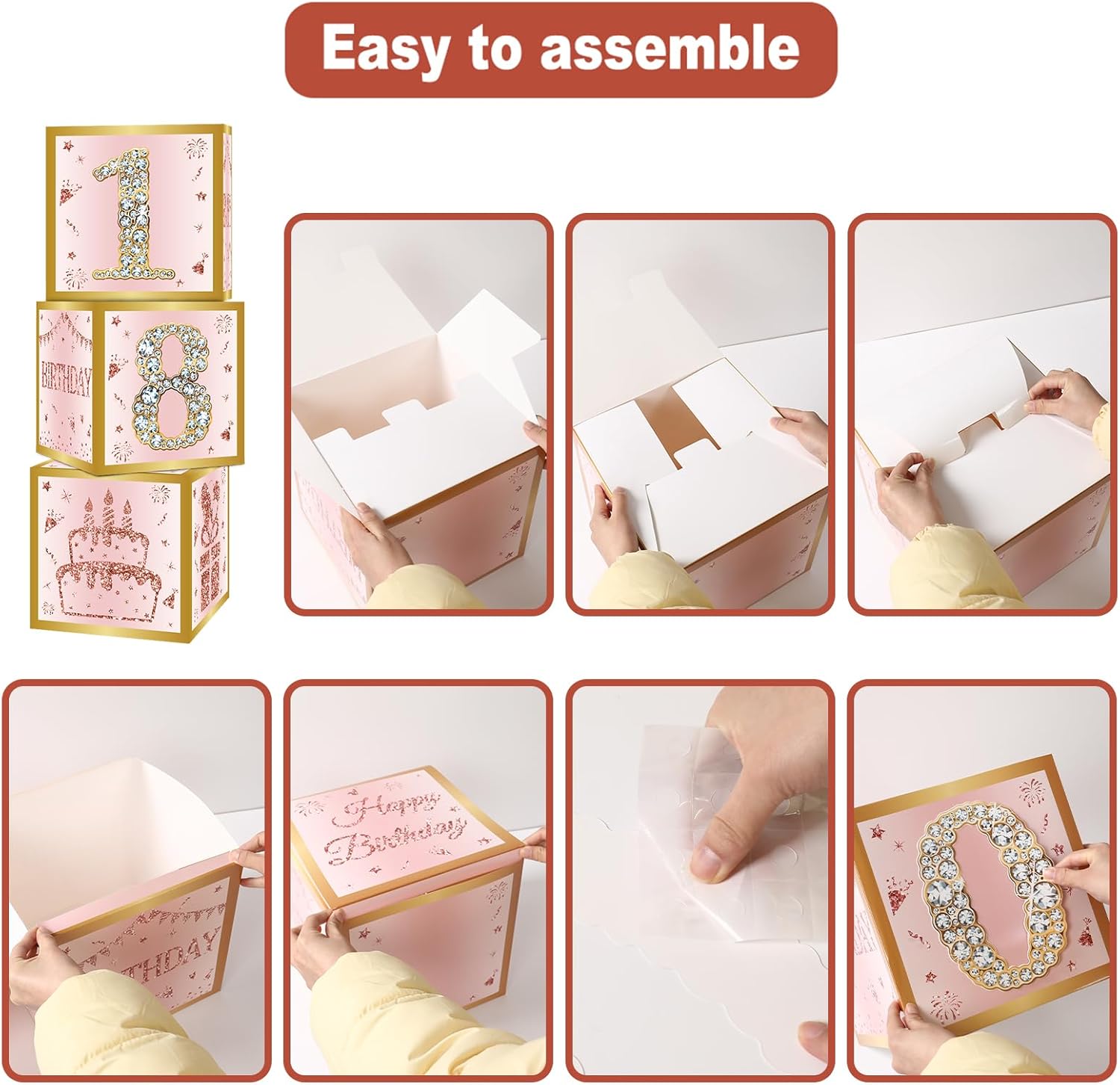 Birthday Decorations Boxes With 0-9 Numbers 3PCS Pink Rose Gold Happy Birthday Balloons Boxes