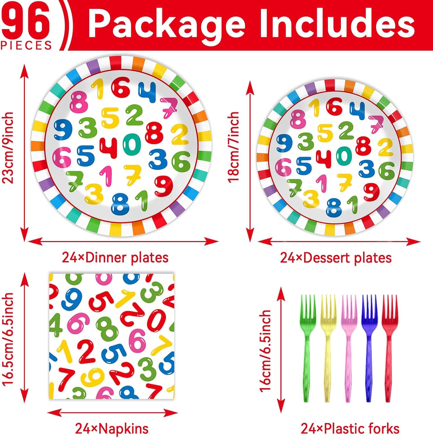 96Pcs Number Themed Party Supplies for 24 Guests