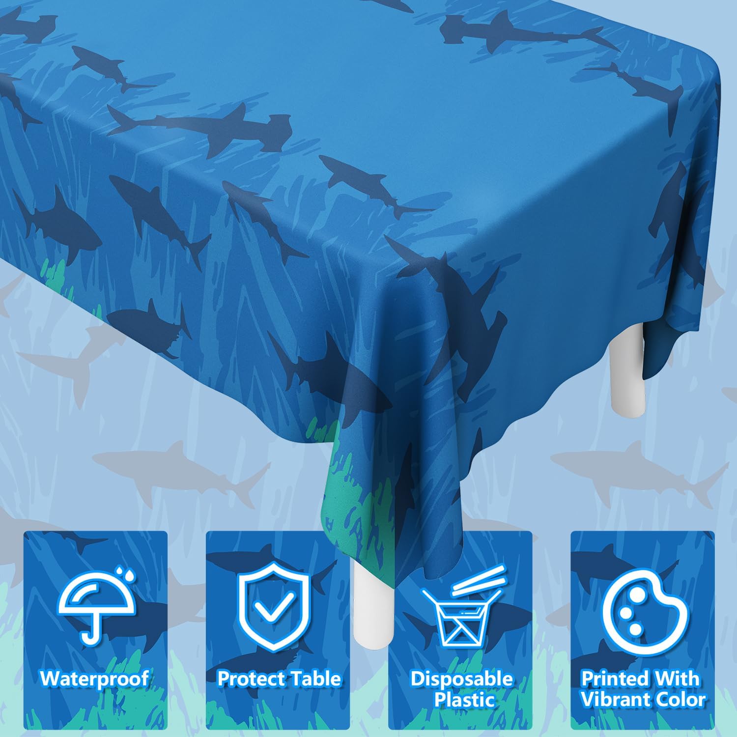 4Pcs Shark Tablecloth Ocean Theme Birthday Table Cover