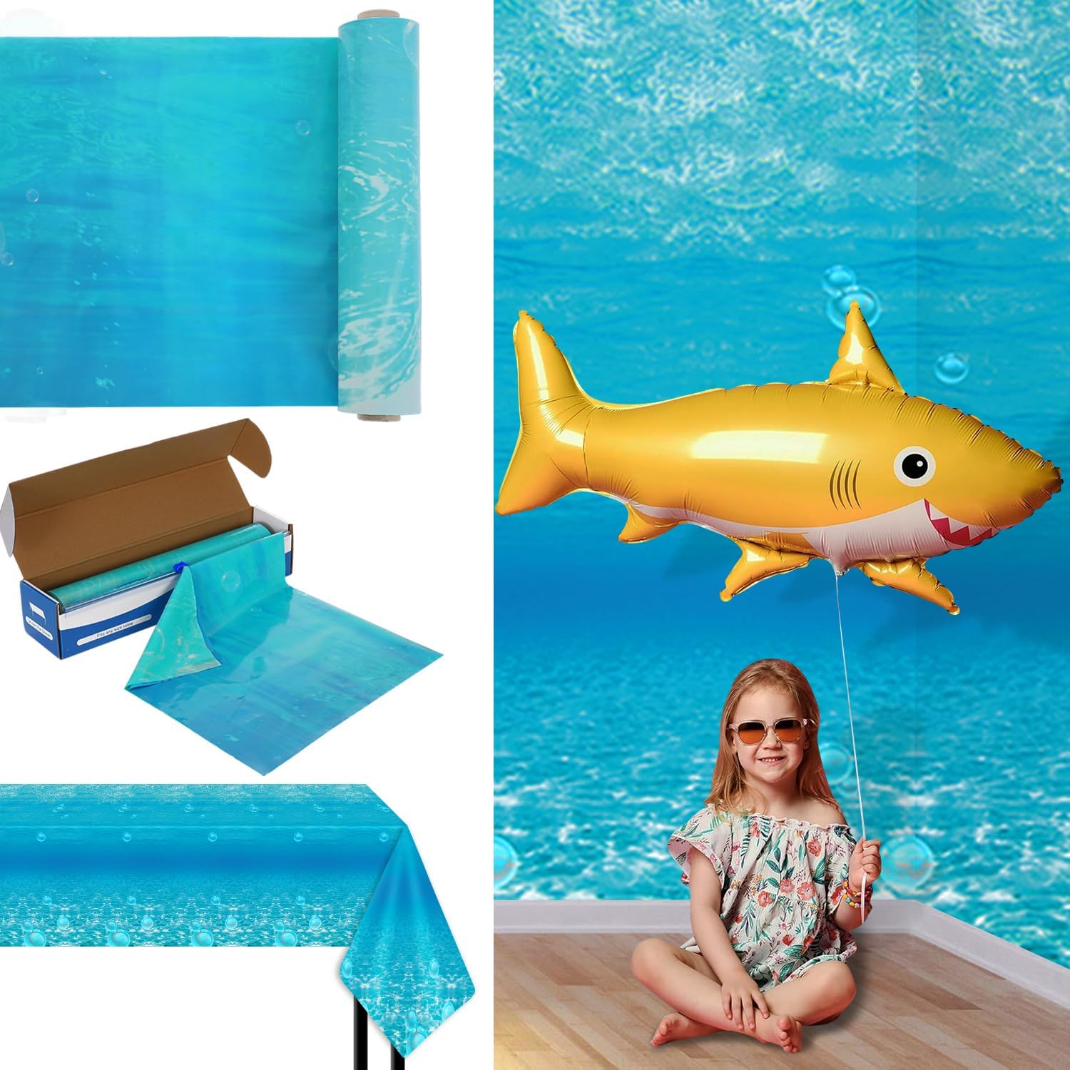 FULJOOY 1200x54 Inch Ocean Themed Table Cover with Slide Cutter Box