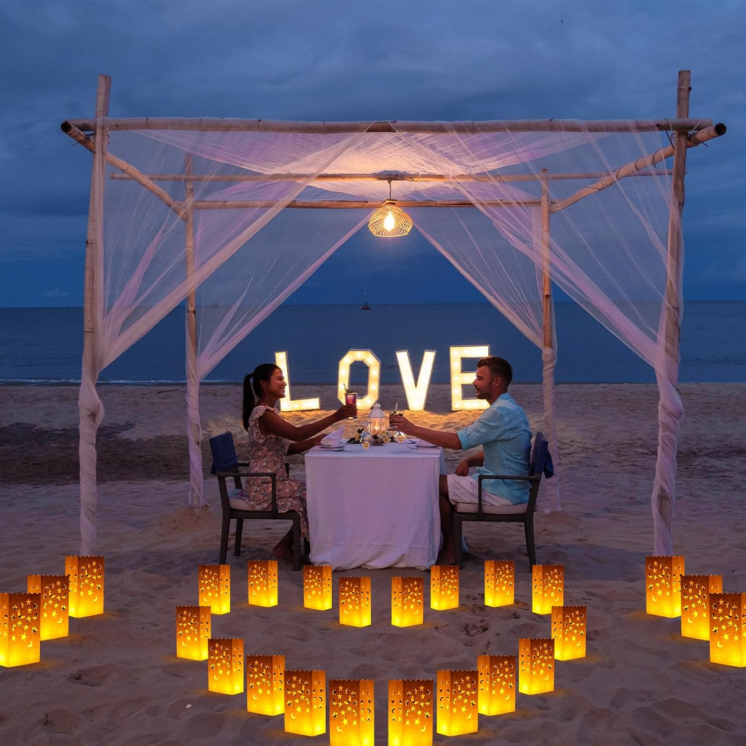 Honoson 24 Pcs White Luminary Candle Bags with Star and Moon Cutouts