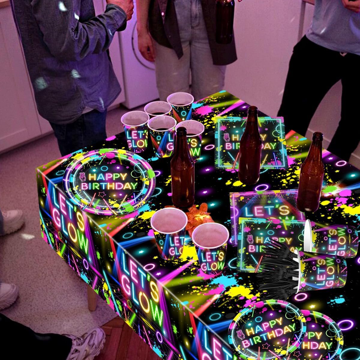 Neon Party Decor Set with 142 Pieces of Themed Tableware
