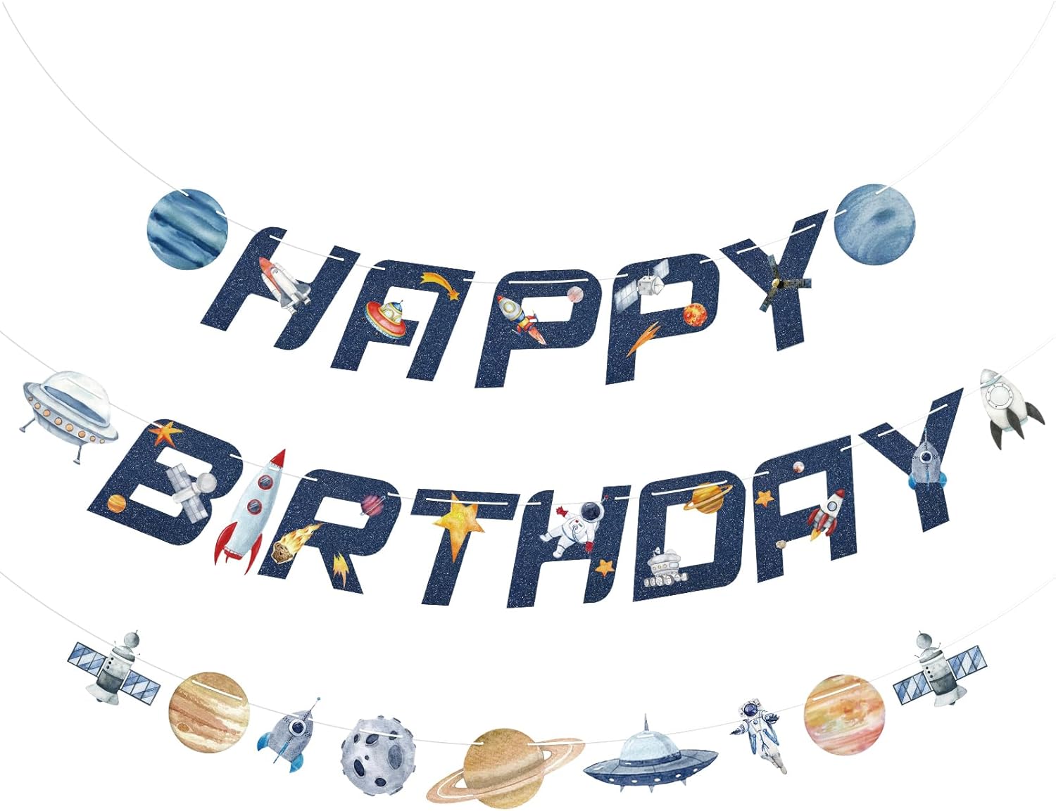 Universe Space Birthday Banner with Planets Rockets