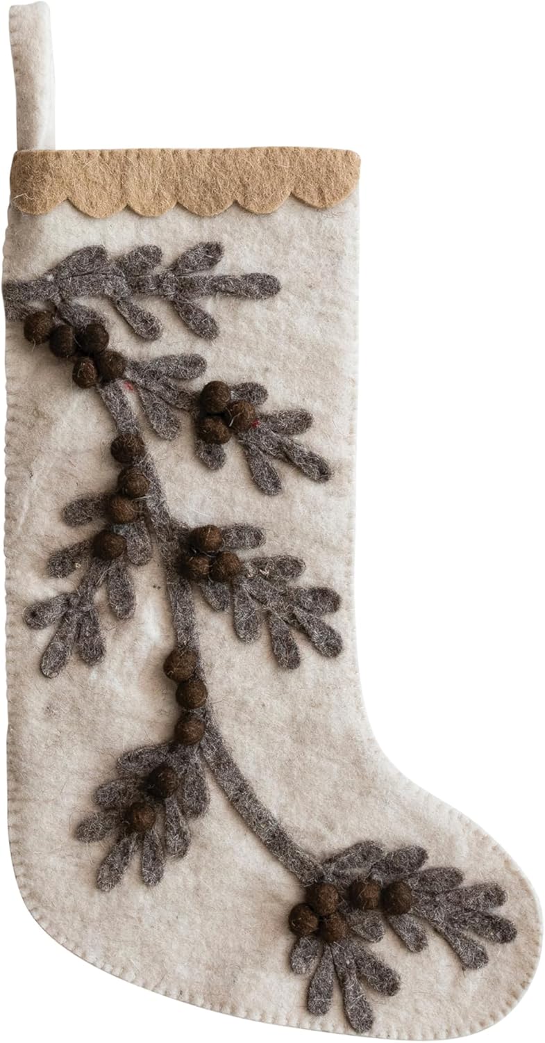 Creative Co Op Multicolor Wool Felt Stocking with Branch and Poms