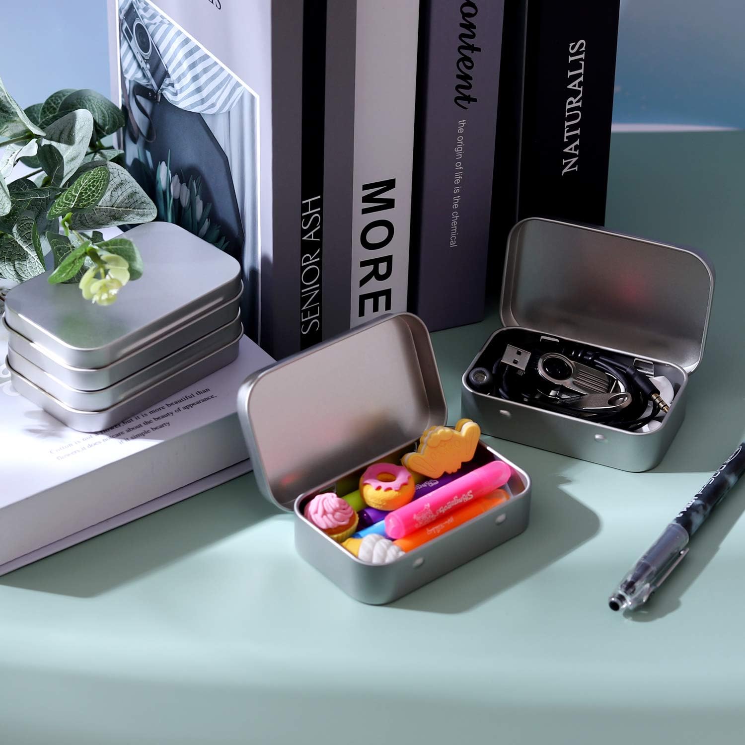 Tamicy Metal Rectangular Hinged Tins - 40 Pack Silver Storage Boxes