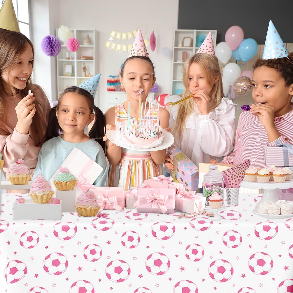 3PCS Pink Soccer Party Tablecloth 54 x 108 for Birthday Decorations