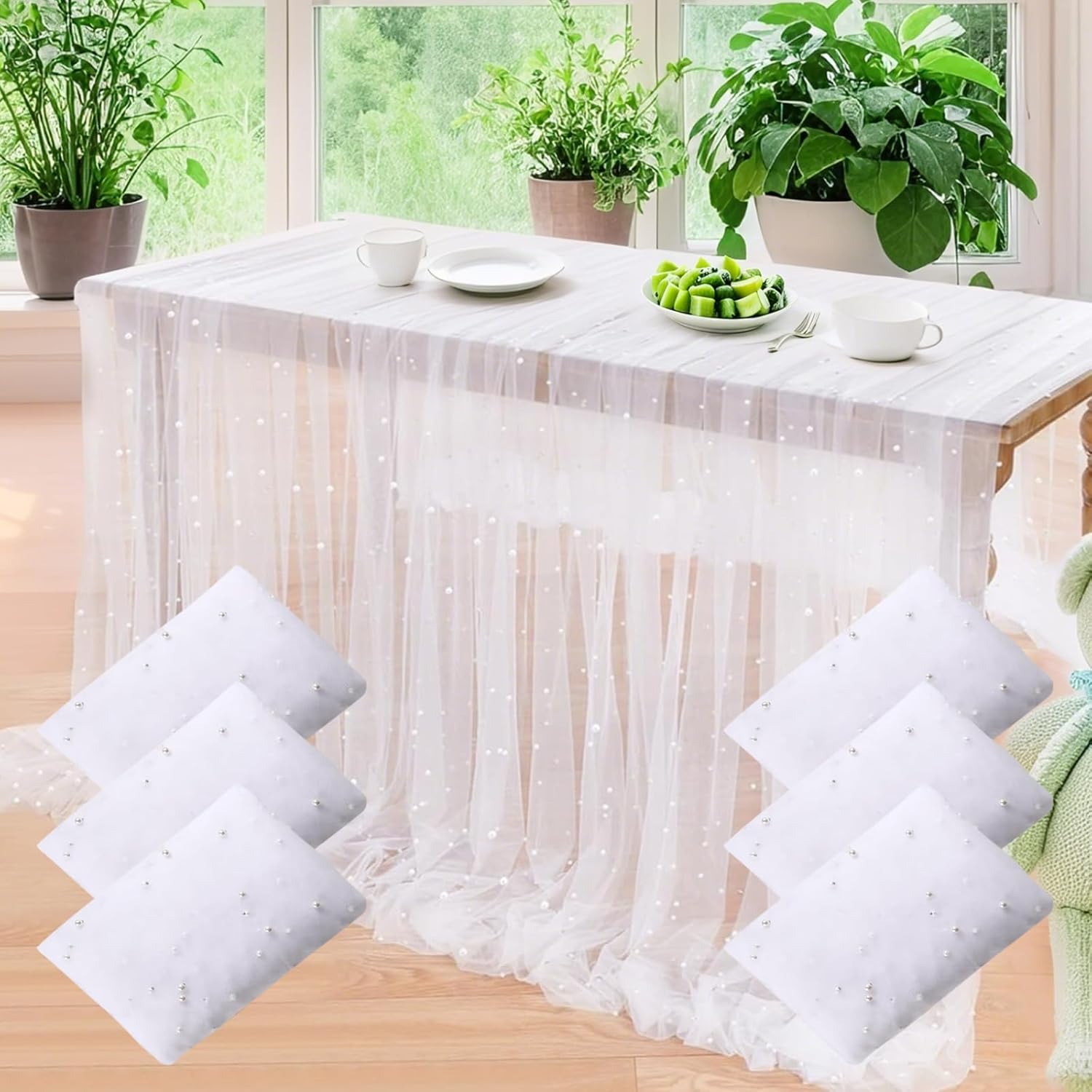 Set of 6 Pearl Table Runner White 10ft Tulle Chiffon