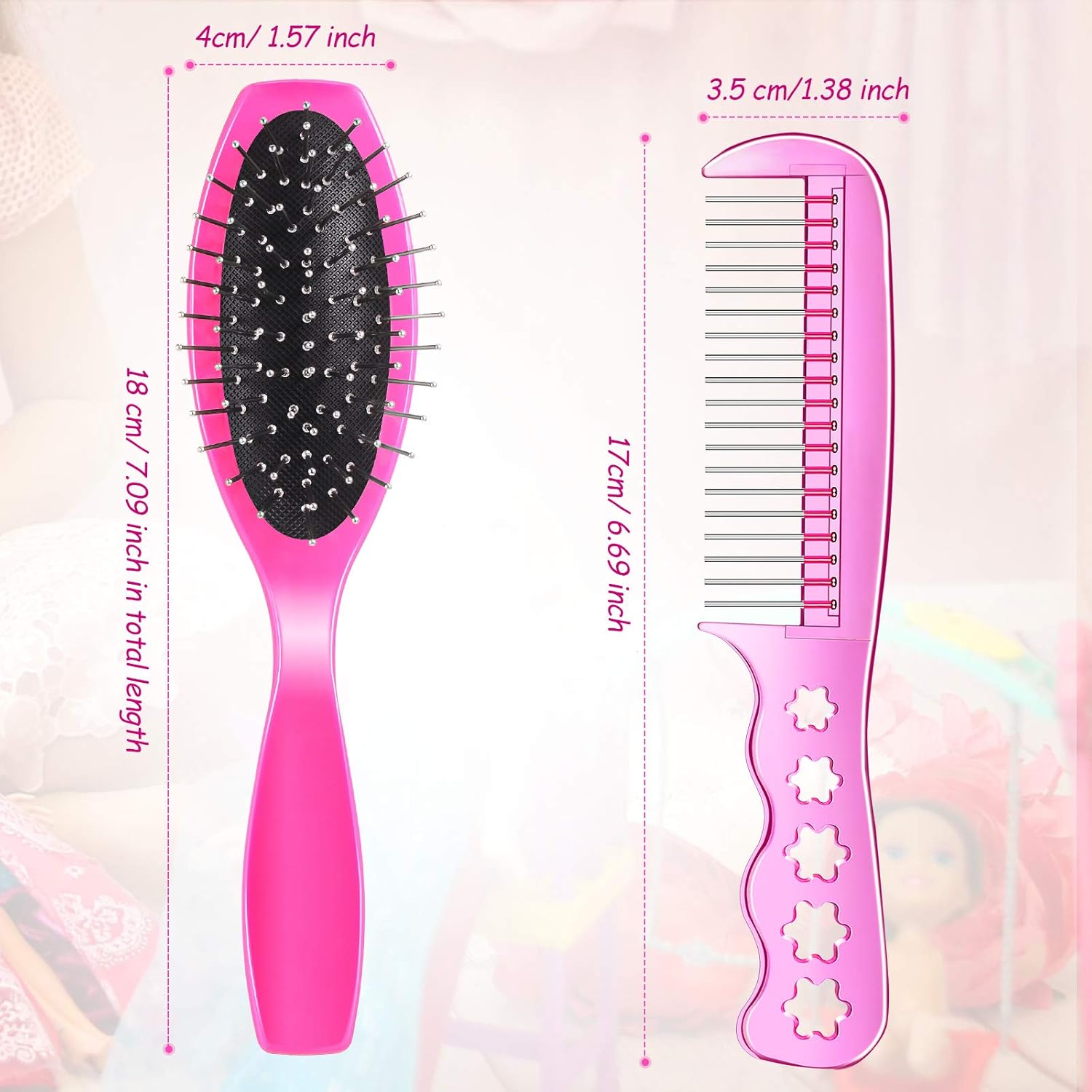 Patelai 4 Piece Plastic Pink Doll Hair Brush Set