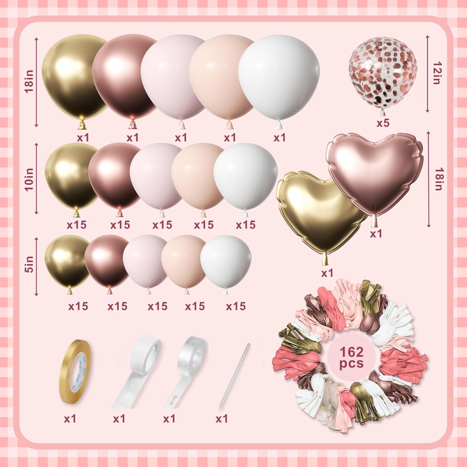 All-in-1 Rose Gold Balloon Garland Kit 162Pcs