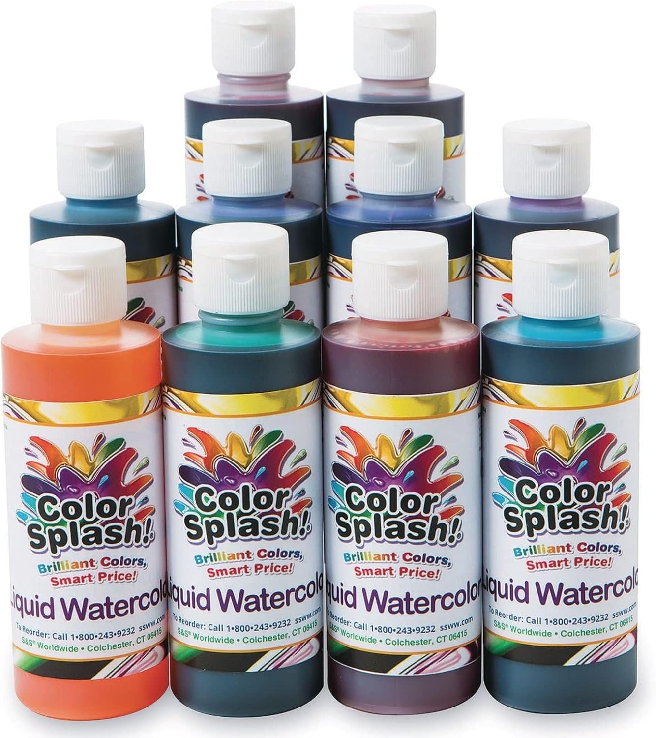 SS Worldwide Color Splash Liquid Watercolor Paint 10 Colors 8 oz Flip Top Bottles Non Toxic