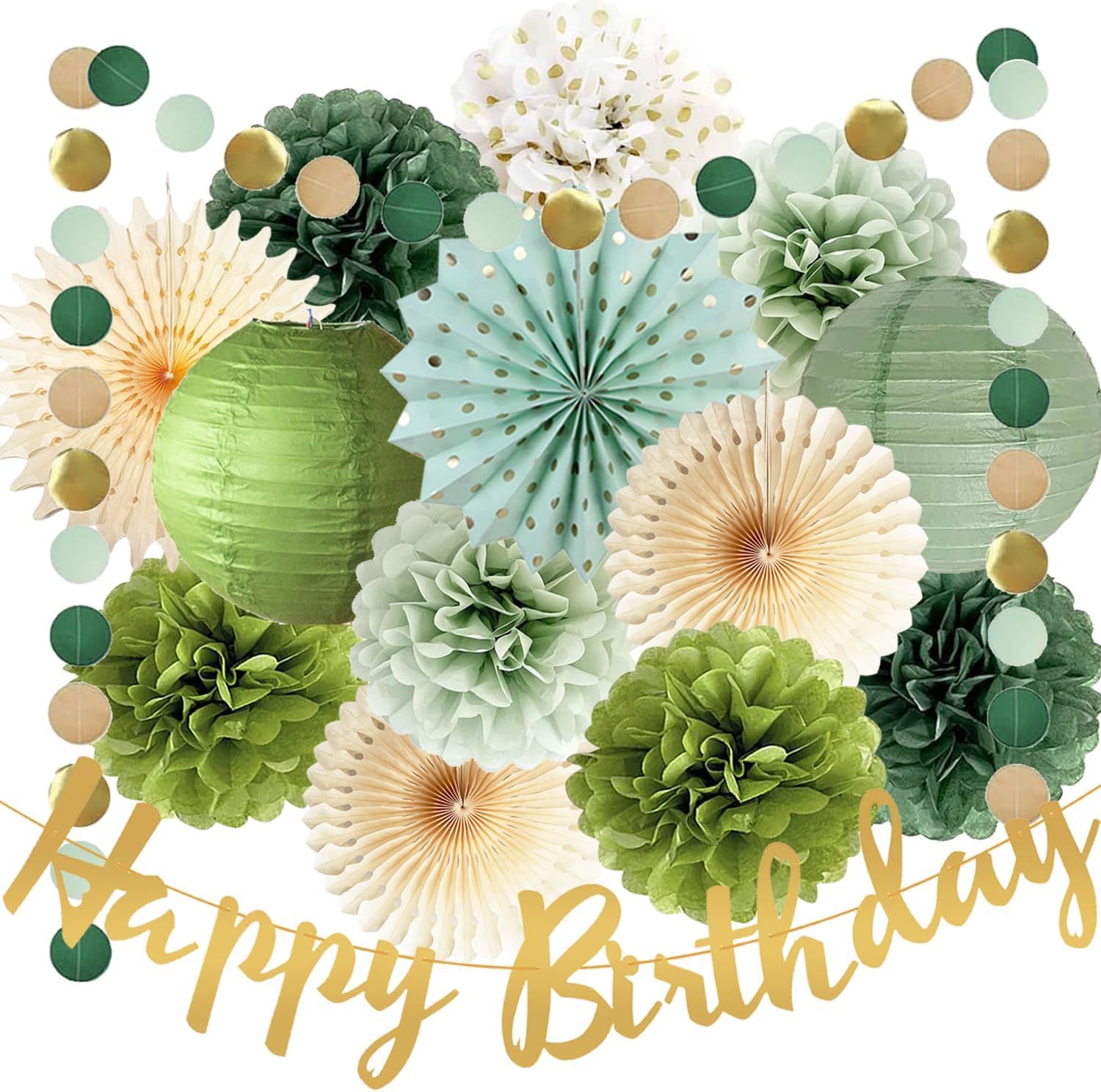 Olive Sage Green Birthday Party Decor Tissue Pom Poms Fans Lanterns