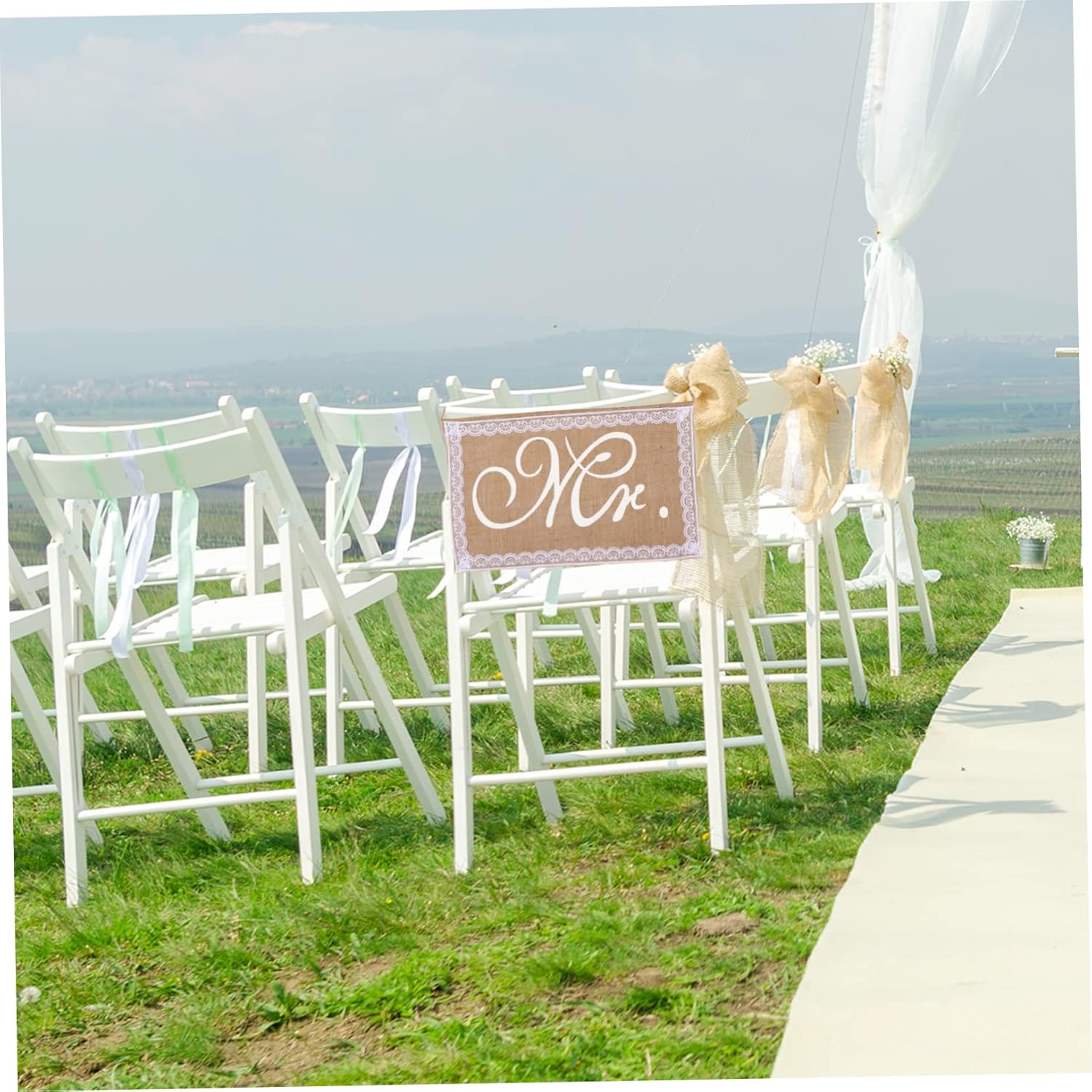 Jojofuny 2pcs Elegant Wedding Chair Sign Set Mr Mrs Burlap Decor with Lace Edging