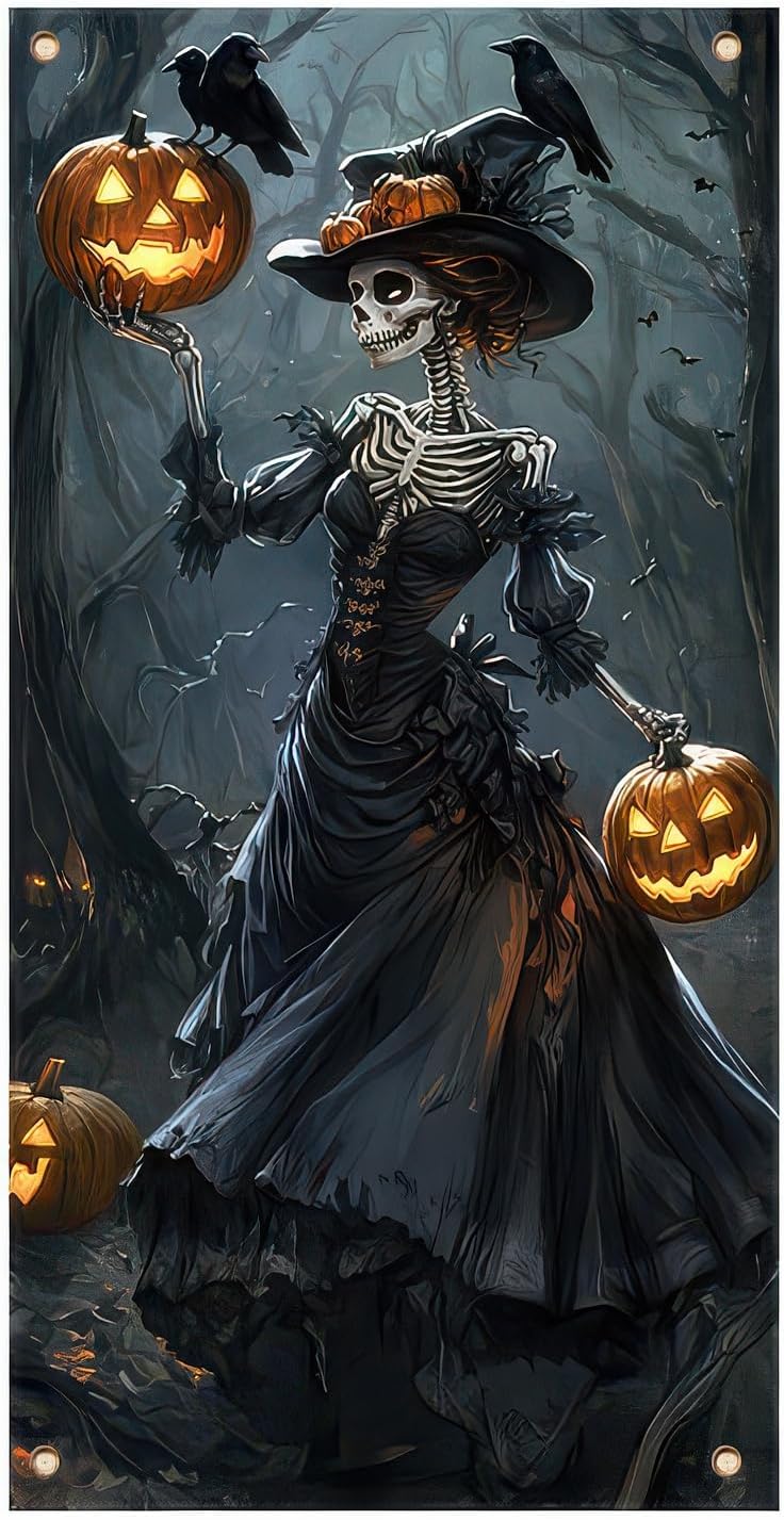Skeleton Witch Halloween Door Cover 35x71 Inch