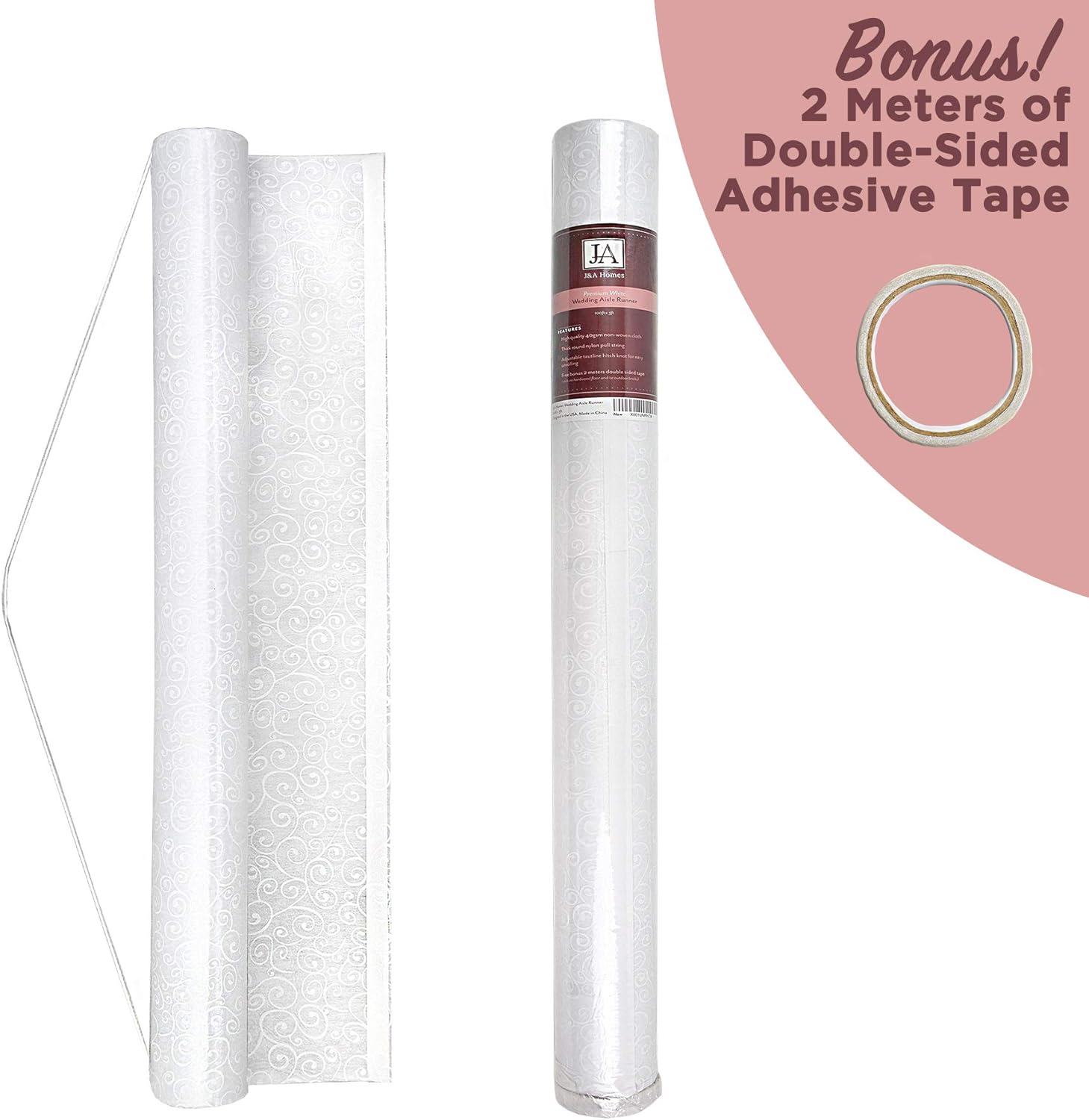 JA Homes White Wedding Aisle Runner - Durable Nylon Double-Sided Tape Adjustable Hitch