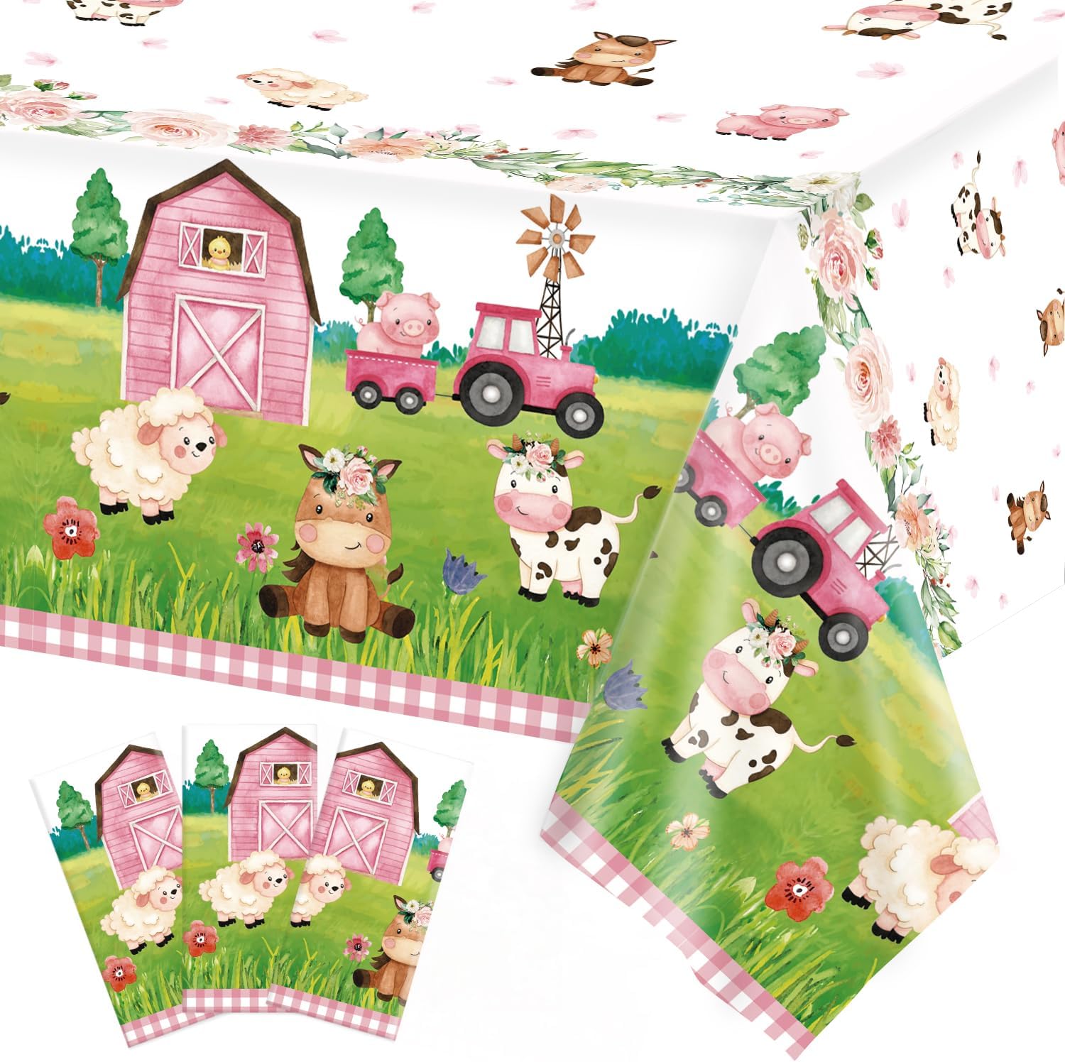 Oigco 3Pcs Farm Animal Tablecloth for Birthday Party Decorations