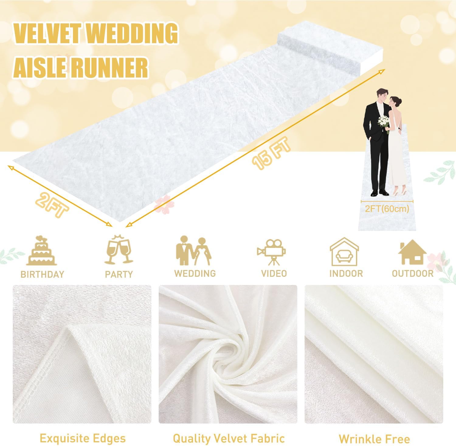 White Velvet Aisle Runner for Weddings and Parties