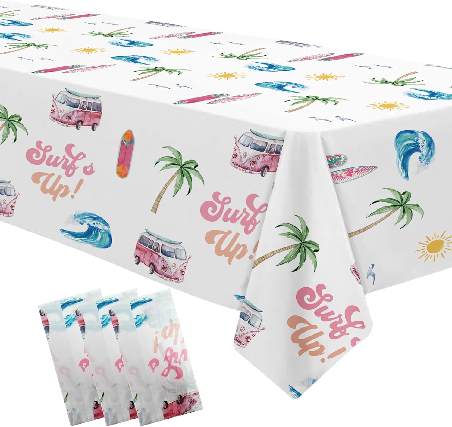 Surfs Up Party Tablecloth - 3 Pack Pink Beach Birthday Decorations