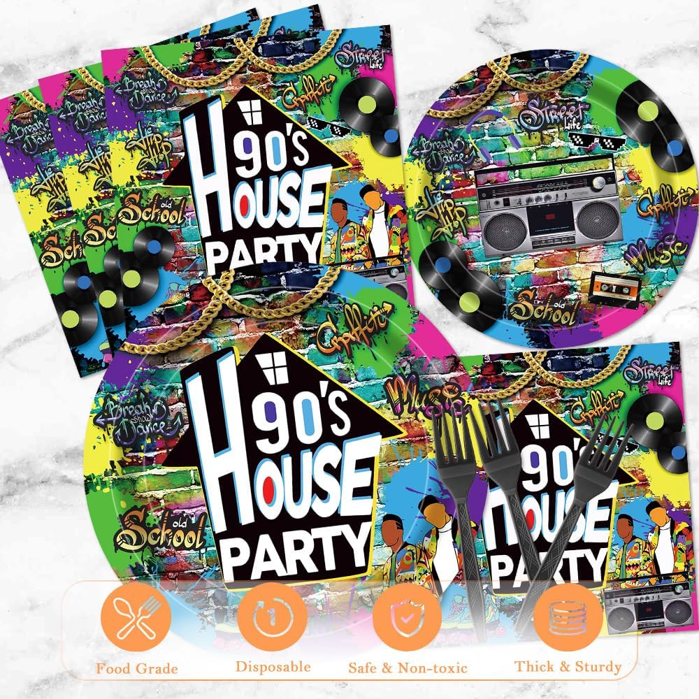90s House Party Tableware Set 96 Pcs Retro Graffiti Disposable Plates Napkins Forks for 24 Guests