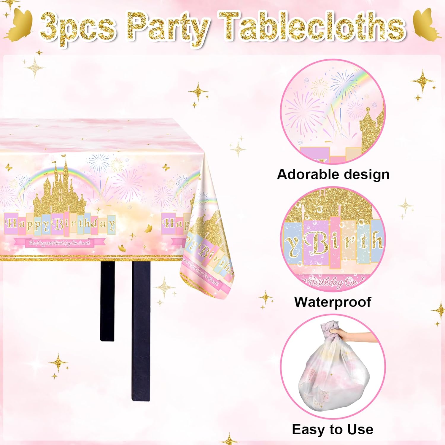 Avezano 3 Pcs Princess Castle Tablecloth for Birthday Parties