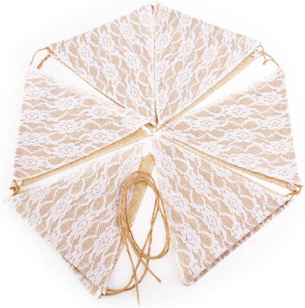 STOBAZA Floral Lace and Burlap Triangle Pennant Wedding Banner