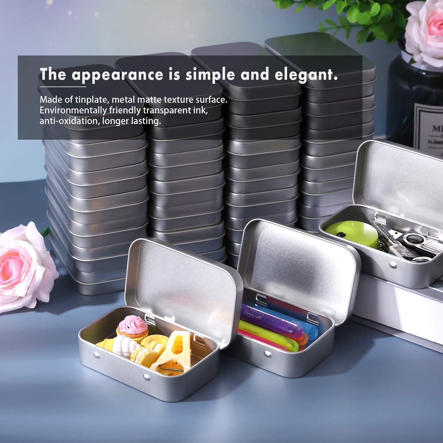 Tamicy Metal Rectangular Hinged Tins - 40 Pack Silver Storage Boxes