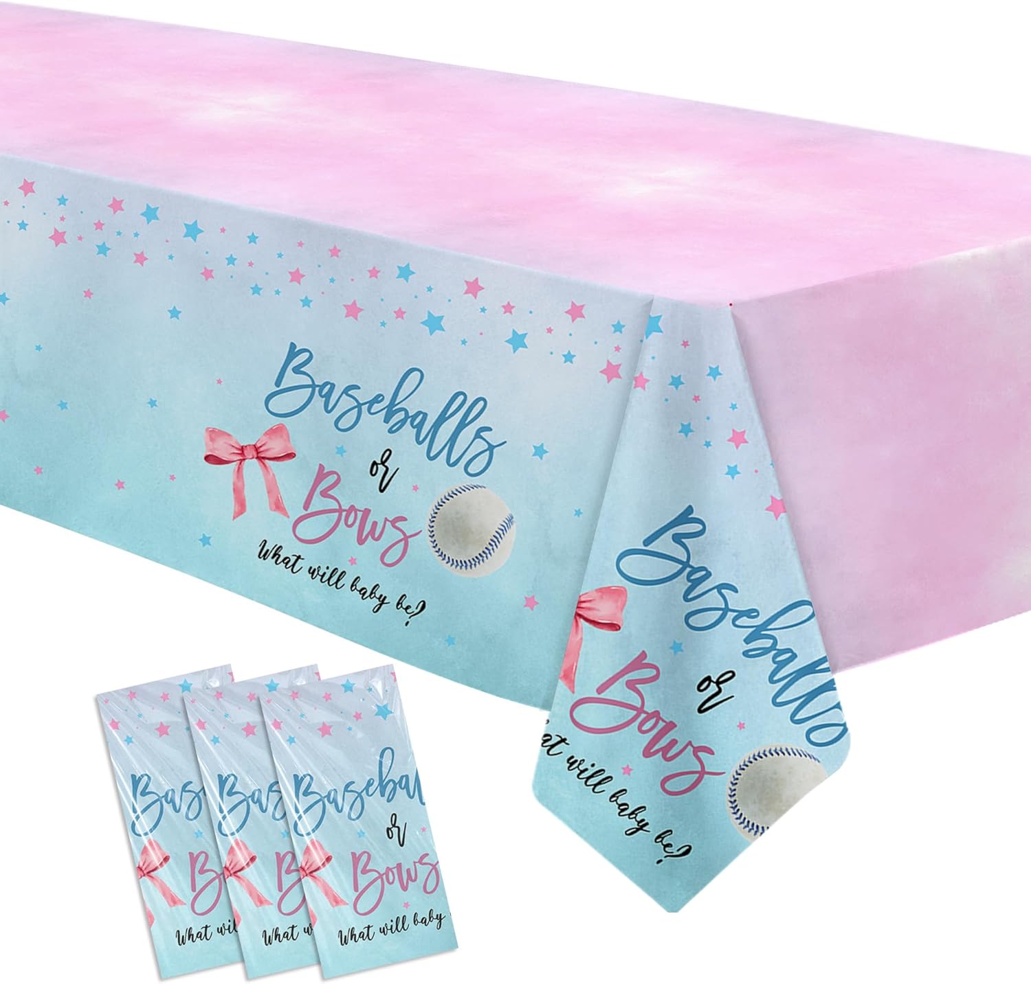 Baseball or Bows Gender Reveal Tablecloth 3 Pack 55in x 86in