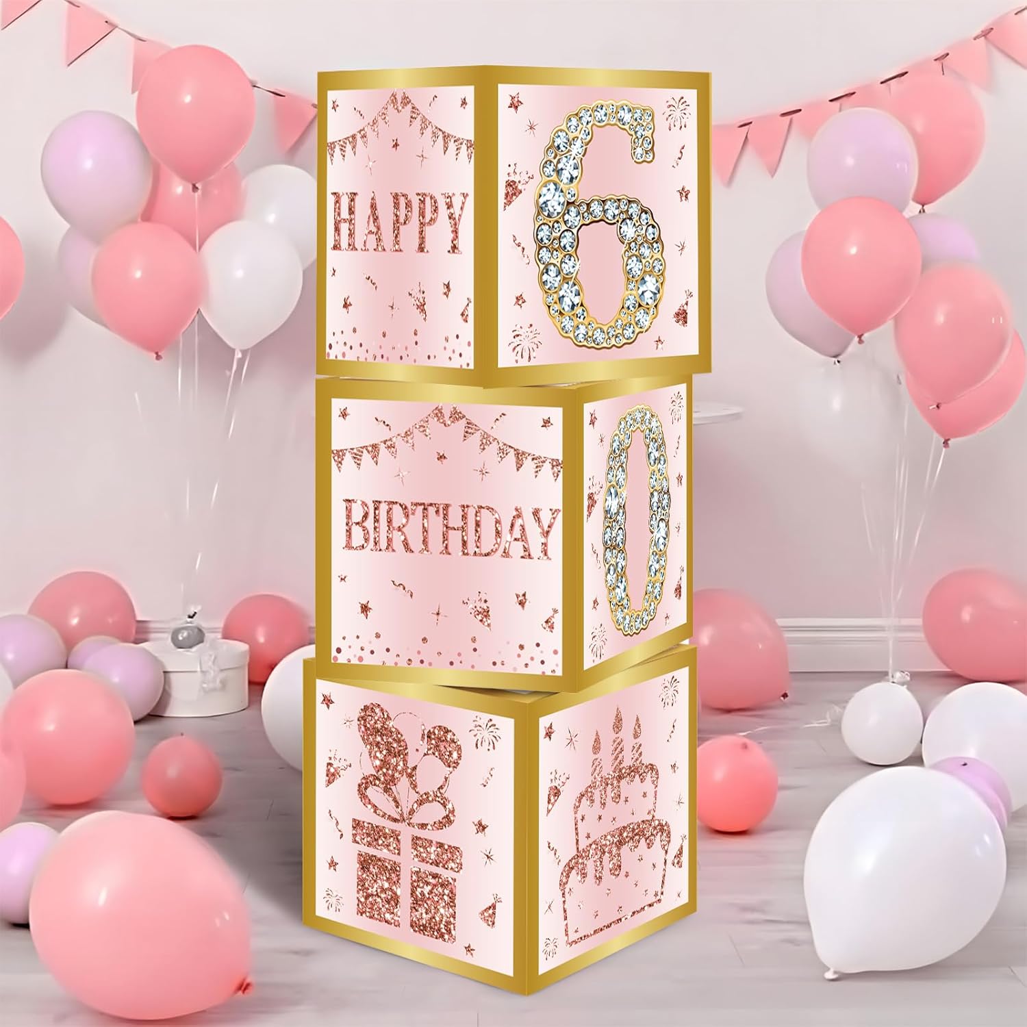 Birthday Decorations Boxes With 0-9 Numbers 3PCS Pink Rose Gold Happy Birthday Balloons Boxes