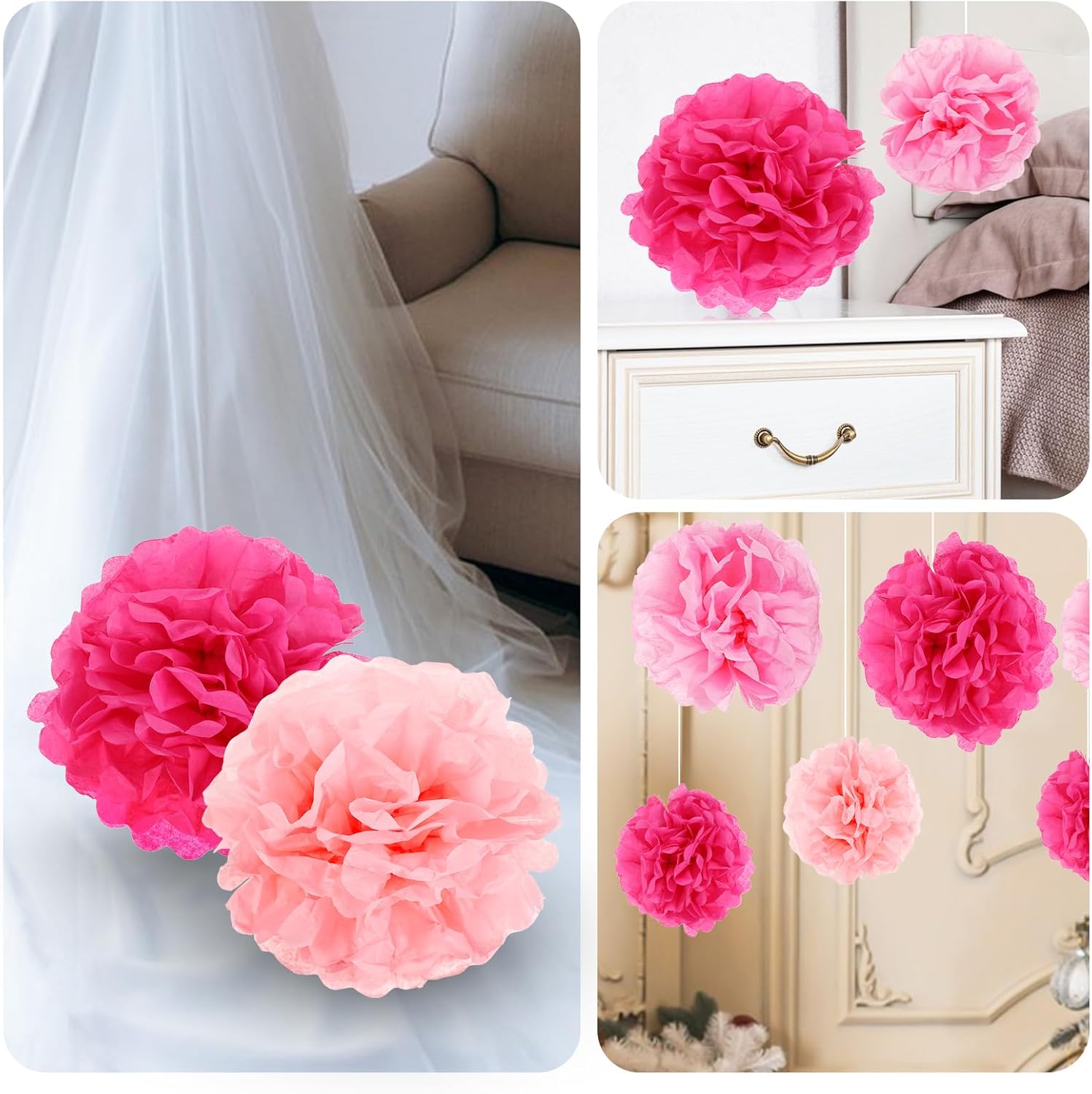 Lusofie 16pcs Hot Pink Tissue Pom Poms Decor Party Flowers
