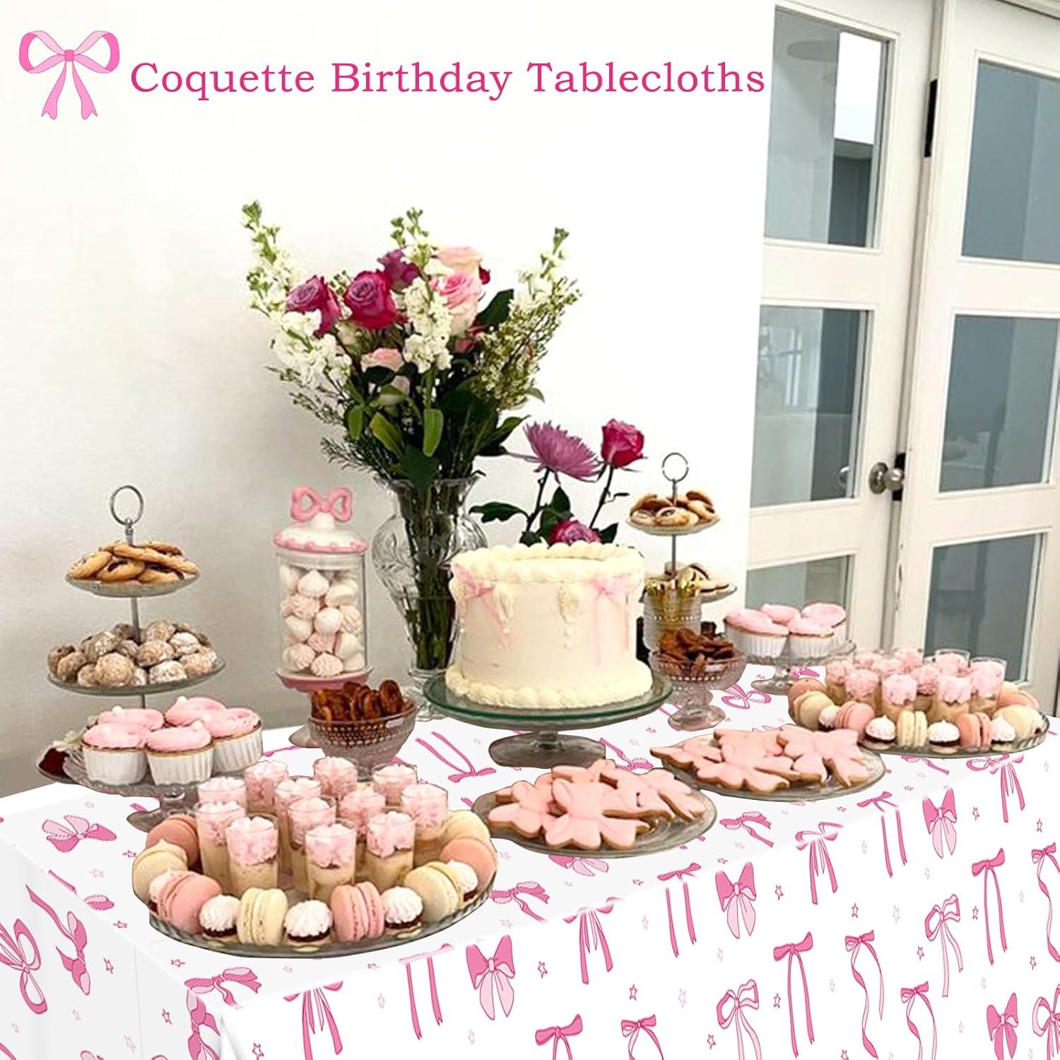 3Pcs Pink Bow Birthday Tablecloths Set for Girls Party