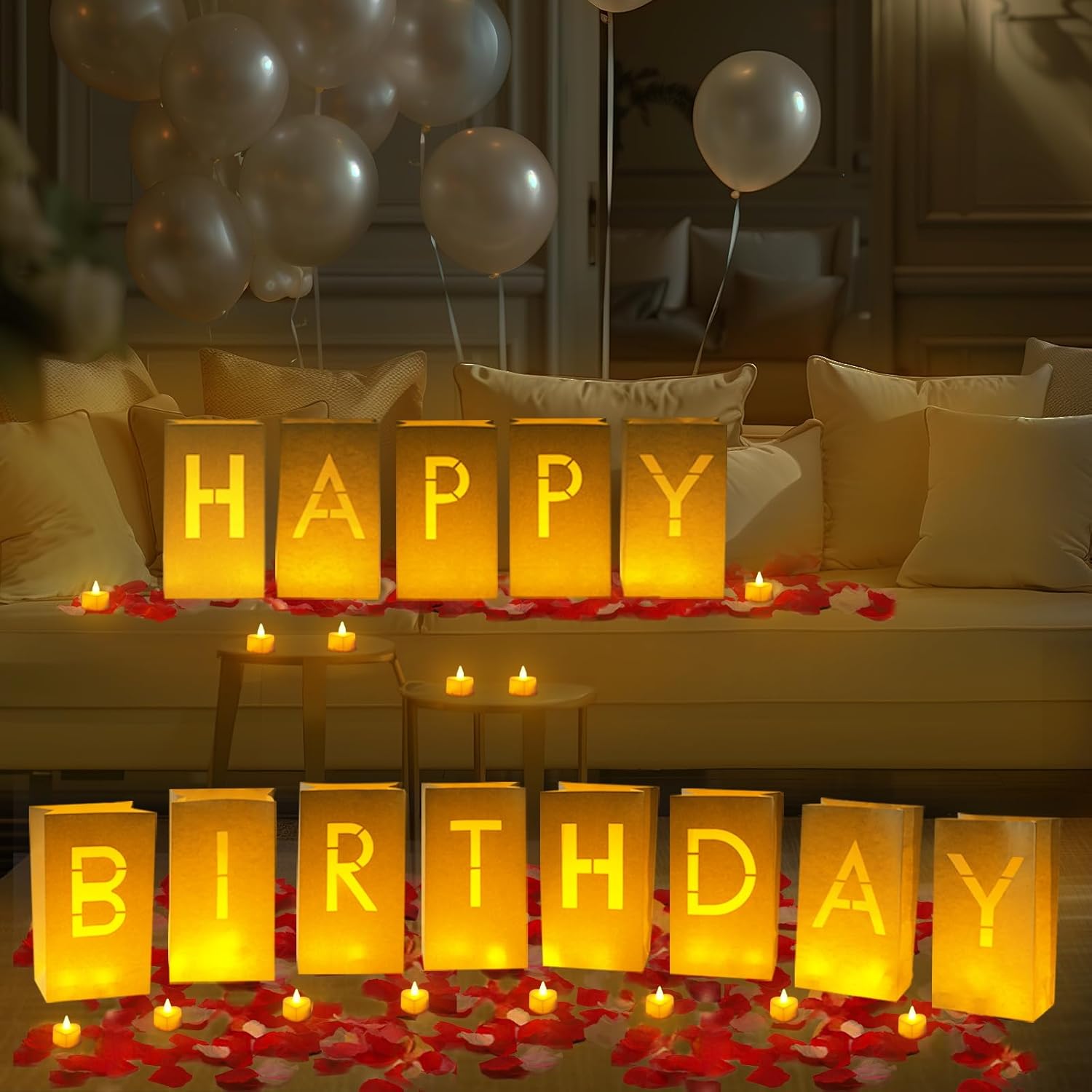 Homemory Happy Birthday Light Up Letters Luminary Bags with Flameless Candles and Fake Rose Petals