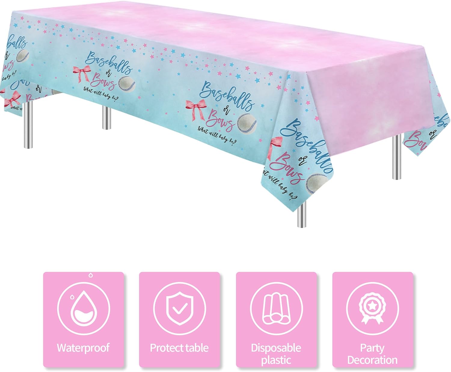 Baseball or Bows Gender Reveal Tablecloth 3 Pack 55in x 86in