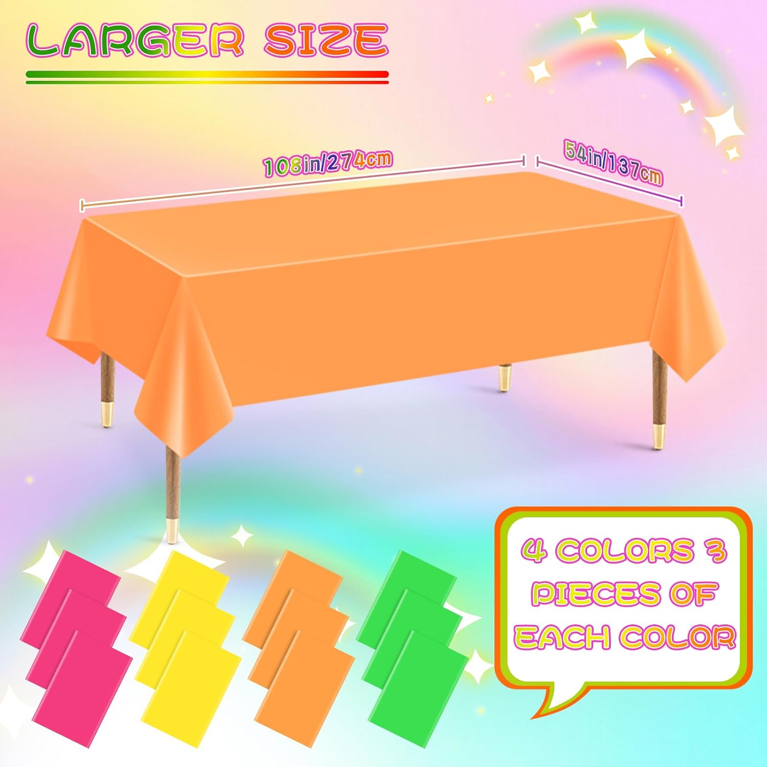 12 Pack Assorted Neon Rainbow Tablecloths