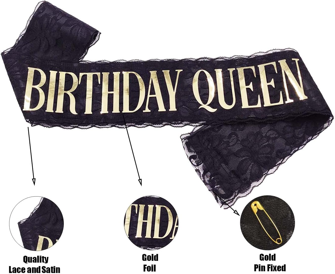Birthday Queen Sash for Girls - Gold Word Glitter Streamer