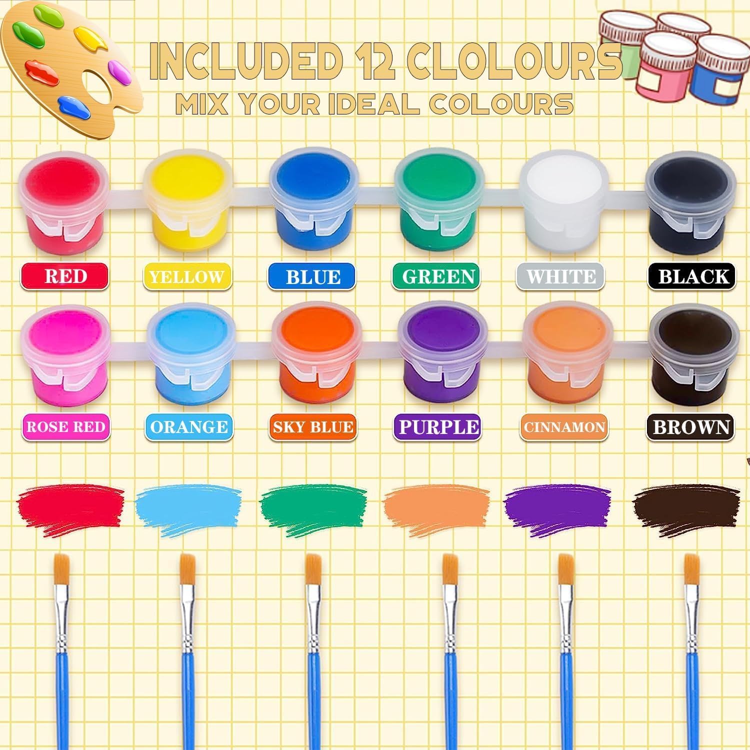 30 Pack Mini Acrylic Paint Set with 12 Colors and 60Pcs Brushes