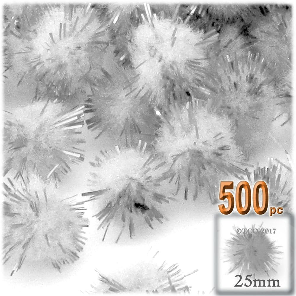 The Crafts Outlet Chenille Sparkly Pom Poms Clear Porcupine 25mm 500pc White