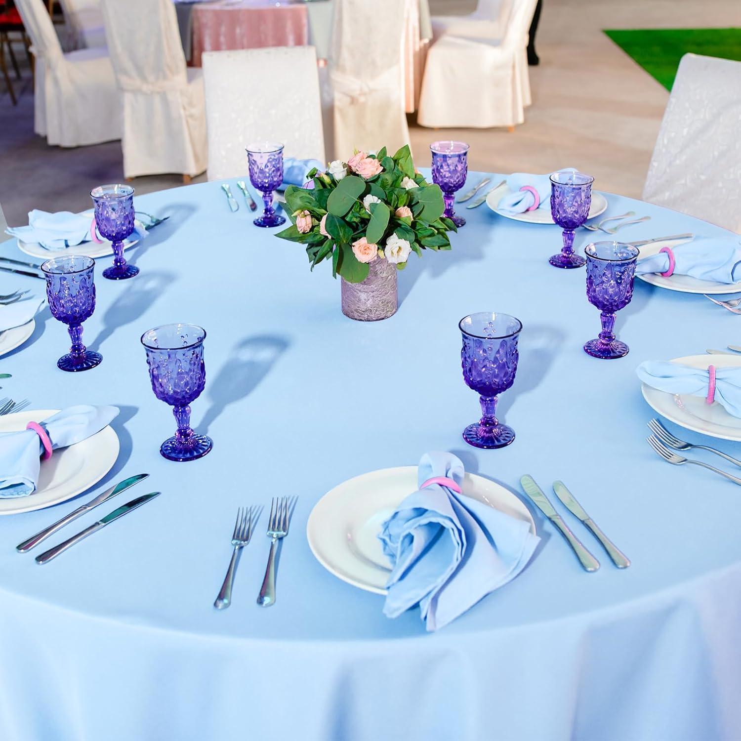 16 Pack Light Blue Plastic Tablecloth for 84 Inch Round Tables