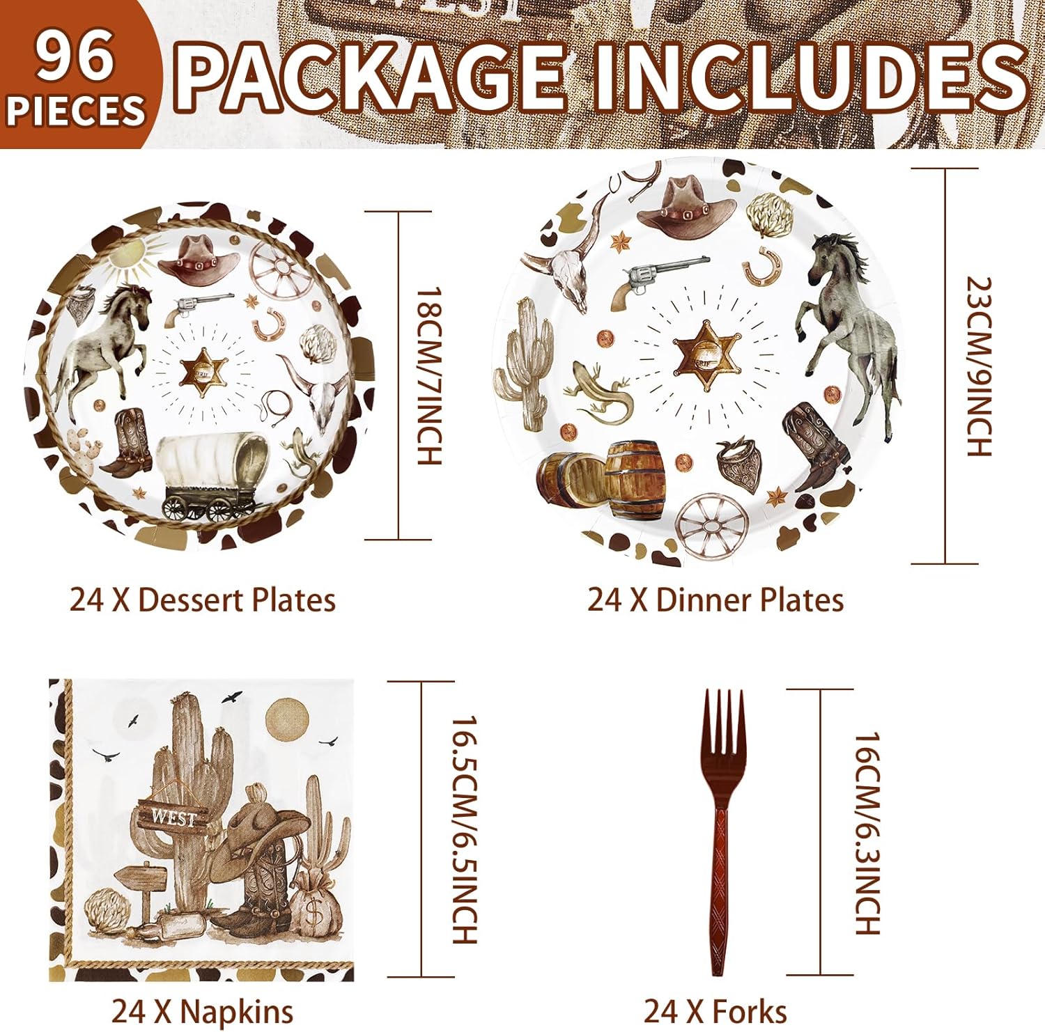 Grencian 96Pcs Western Cowboy Party Tableware Set