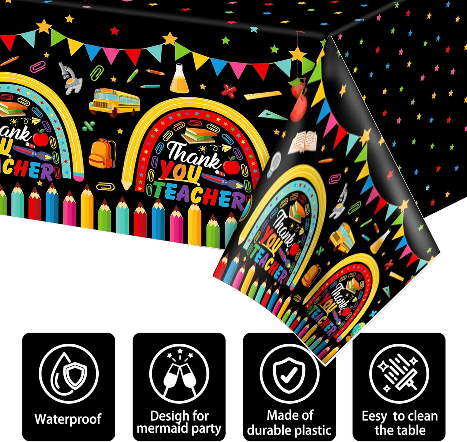 2PCS Thank You Teacher Tablecloths 87x51 Plastic Covers for School Events