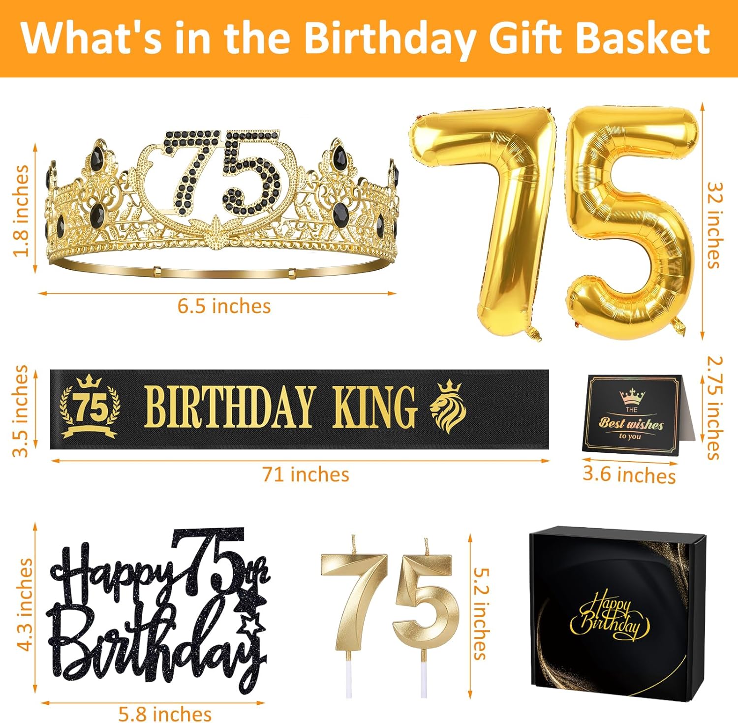 75th Birthday Party Decor for Men with King Crown Sash Balloons Cake Topper Candles