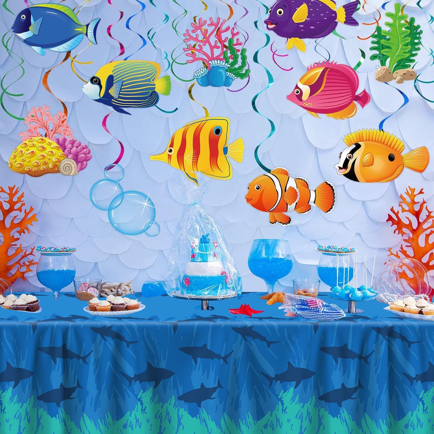 4Pcs Shark Tablecloth Ocean Theme Birthday Table Cover