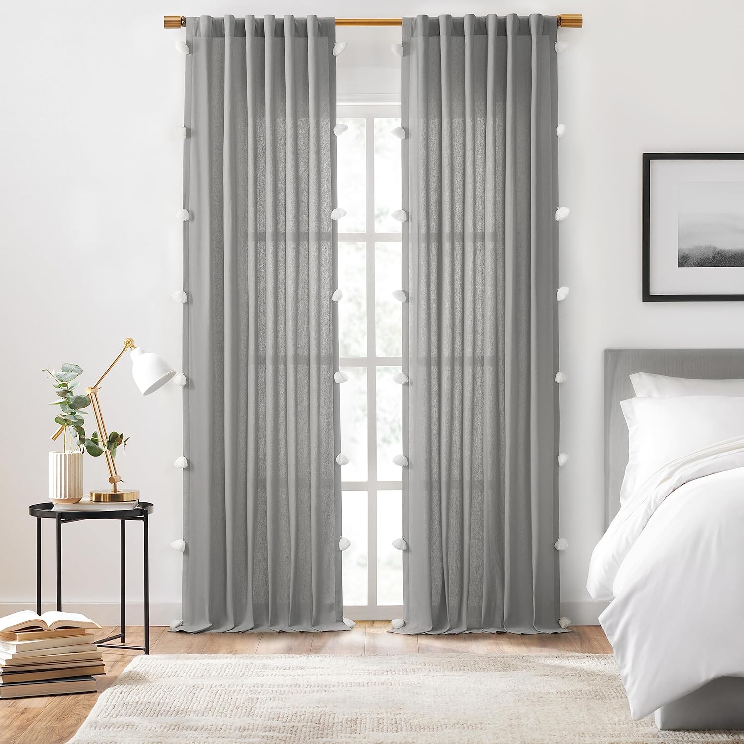 Mercantile Grey Light Filtering Curtain with Pom Poms 50x108