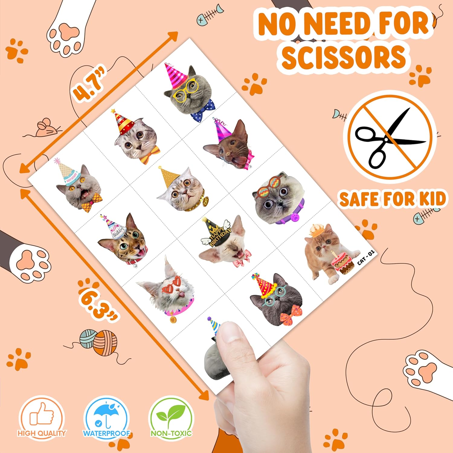 96PCS Cat Pet Animal Paw Temporary Tattoos for Kids