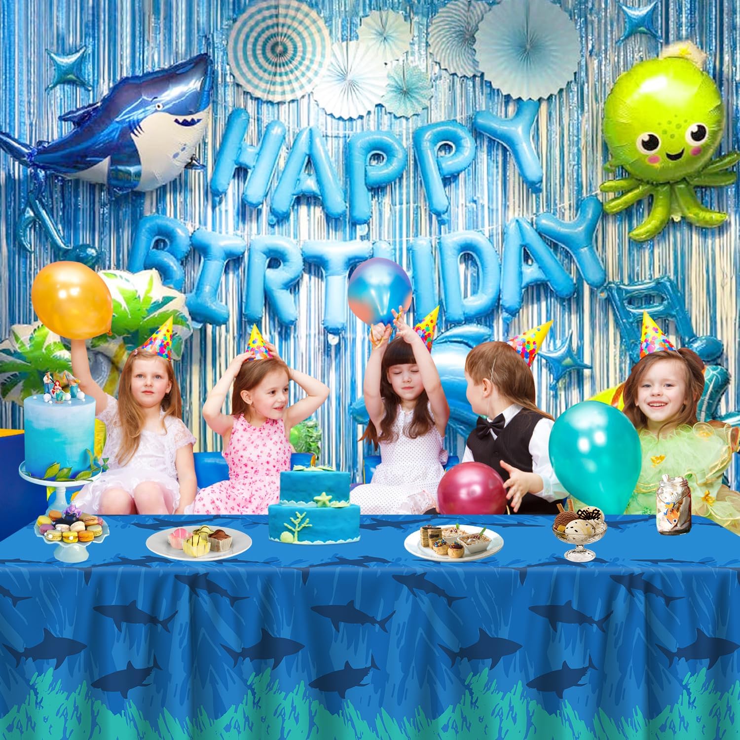 4Pcs Shark Tablecloth Ocean Theme Birthday Table Cover