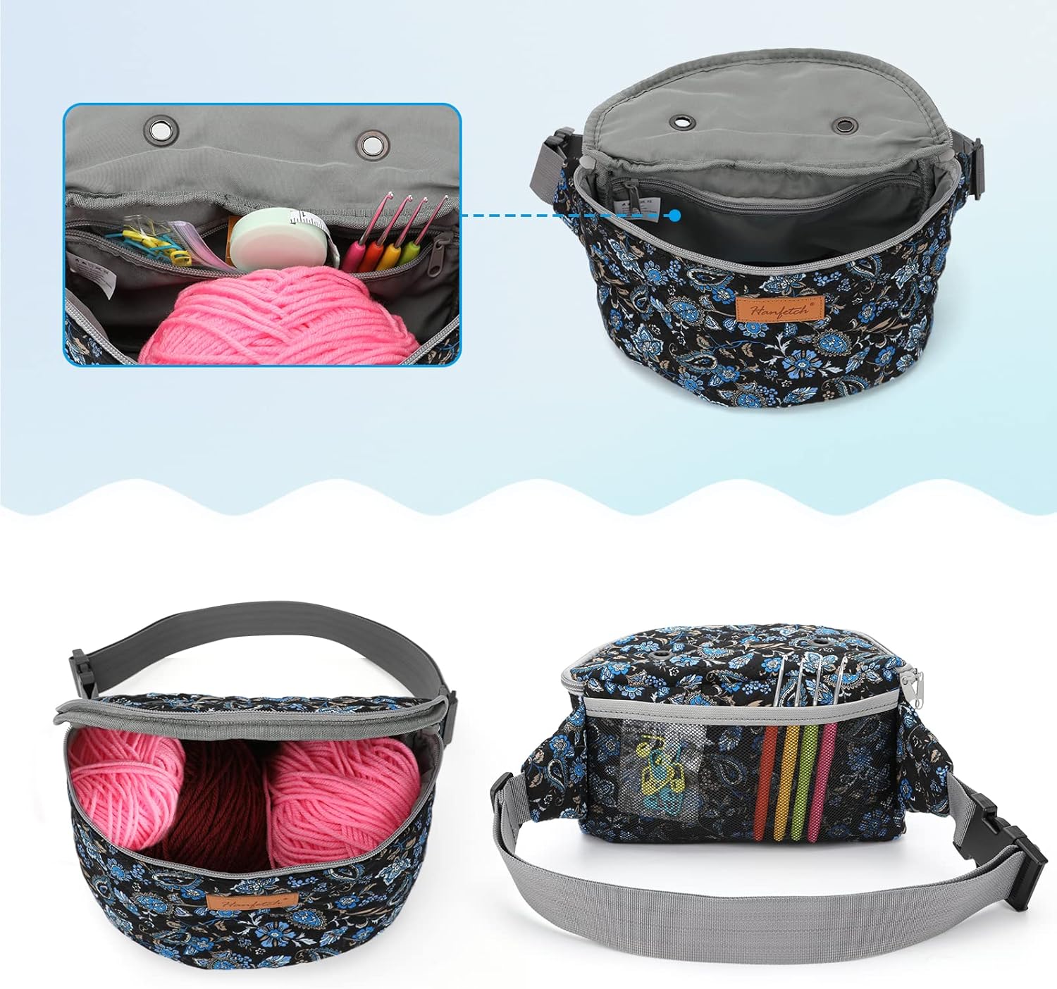 Hanfetch Yarn Crossbody Waist Bag Organizer for Crochet Hooks and Yarn Skeins